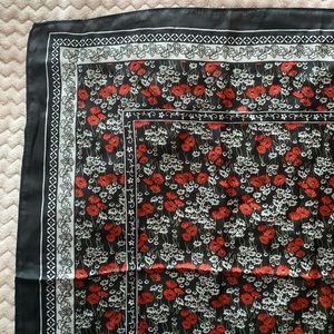 Black red and white floral silk square head scarf